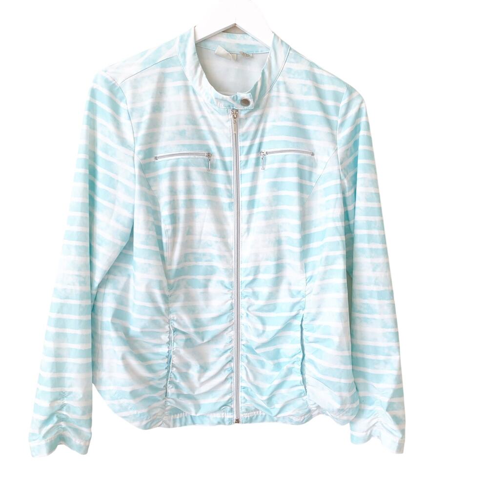 Chico's Zenergy Moto Jacket Size 1/M Blue Stripe Windbreaker Lightweight Coat